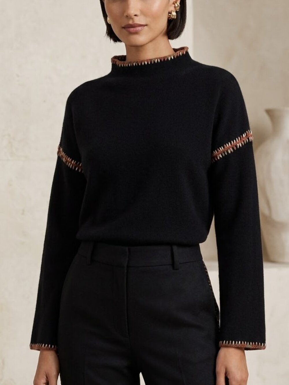 TAHARI Black Mock Neck Knit Sweater Top Trim Stitch Detail